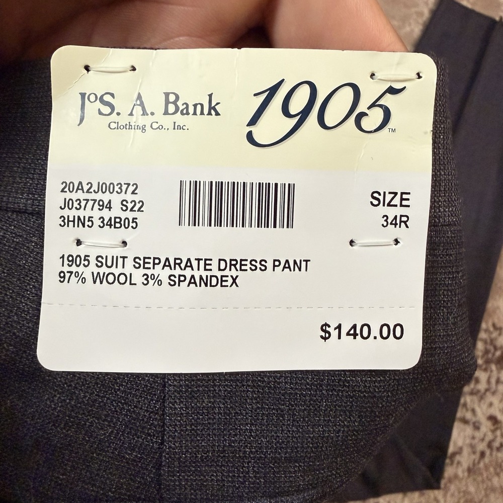 Jos. A. Bank 1905 Dress Pant Mens 34R Dark Gray Suit Separate Unhemmed Wool - Picture 7 of 11